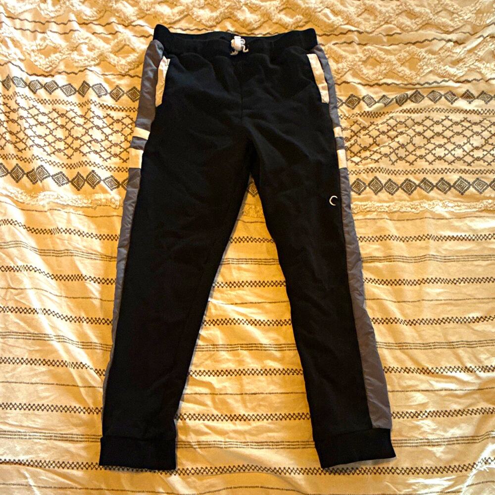 Zyia Active Boys 8-9 Black Gray White Jogger Pants Pull On Elastic Waist